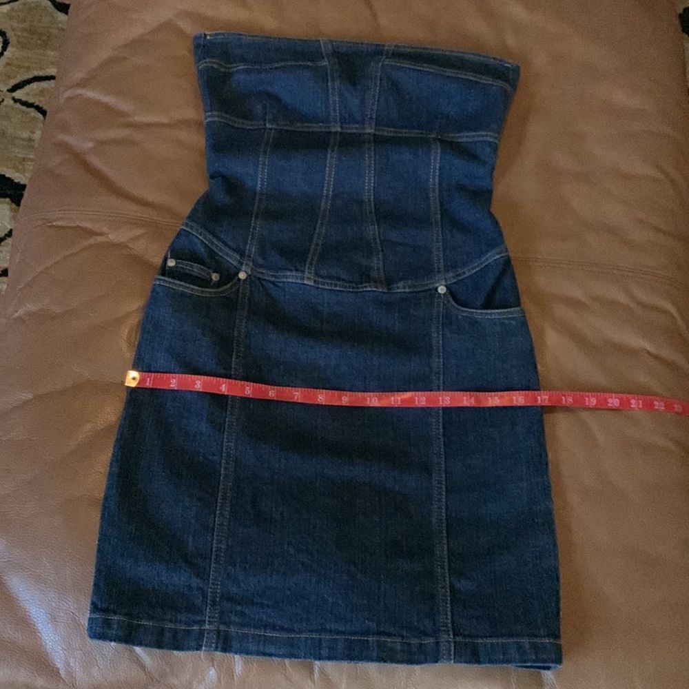 Premise Denim Blue Gold Strapless Pockets Zippered Back Woman’s Dress - Picture 15 of 16